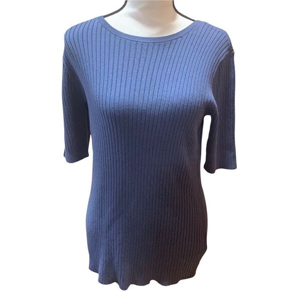 Pendleton Blue Ribbed Half-Sleeve Crew Neck Sweater, Cotton Blend, Large - Picture 1 of 8